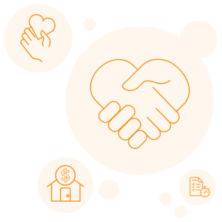 Various icons including a hand holding a heart, handshake shaped like a heart, house with dollar sign and checklist with stopwatch.