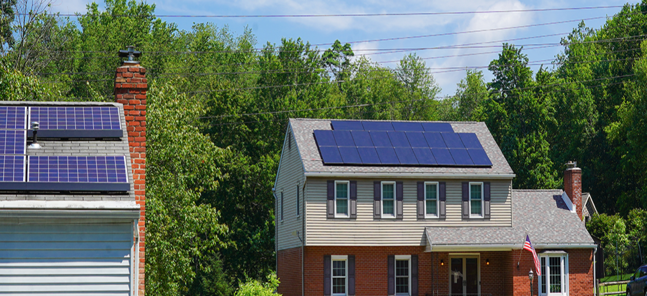 solar panels on residential home in neighborhood