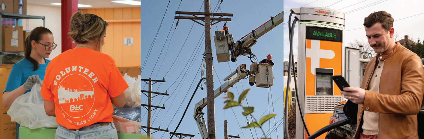 Employees volunteering, lineworkers, and a man charging an electric vehicle